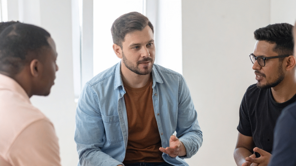 Men in their late 30s and 40s having an honest group conversation, symbolizing connection during midlife breakthrough.